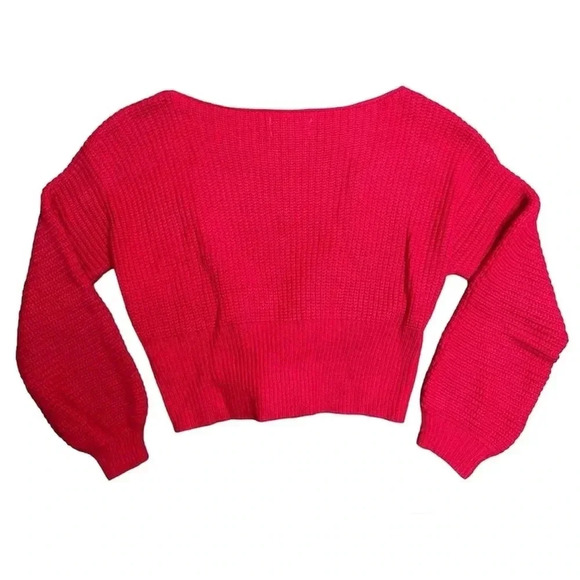 LF Seek the Label Chunky Knit Sweater Red Medium Tie Front Corset Boat Neck Rib - Picture 2 of 6